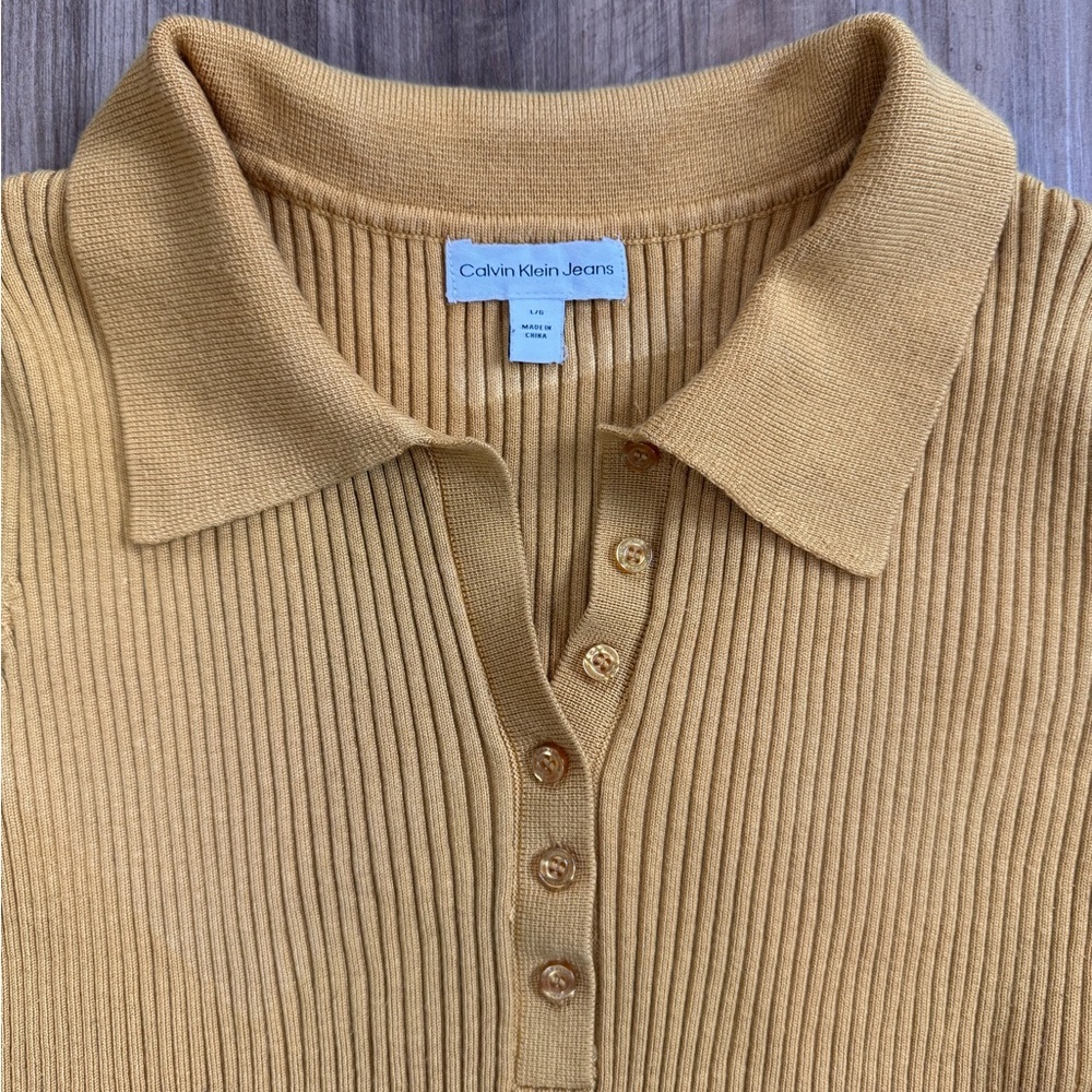 Calvin Klein Yellow Ribbed Button Polo Shirt - Picture 2 of 10